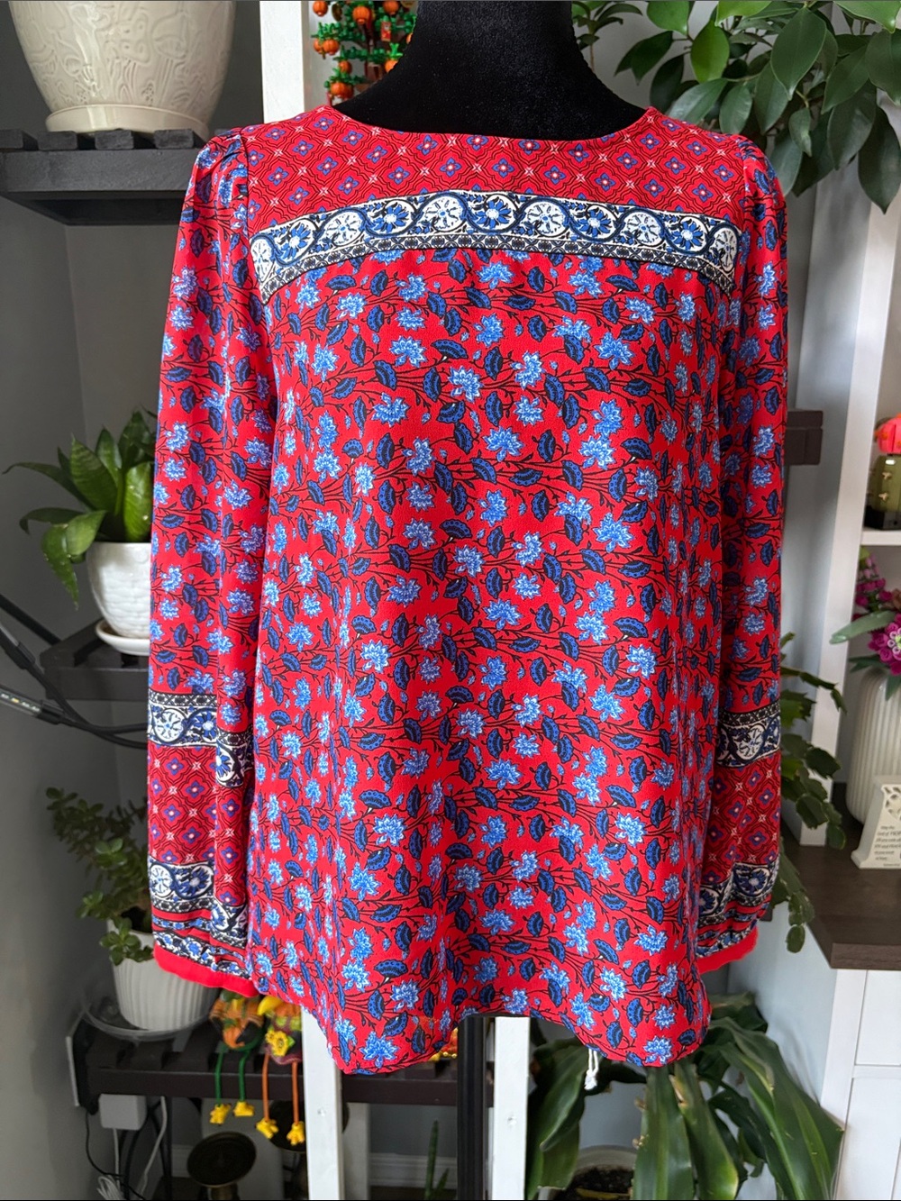 LOFT Red Floral Border-Print Long Sleeve Blouse with Blue Accents